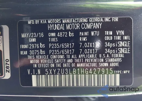 2017 Hyundai Santa Fe Sport 2.4L from USA, damaged, VIN 5XYZU3LB1HG427915